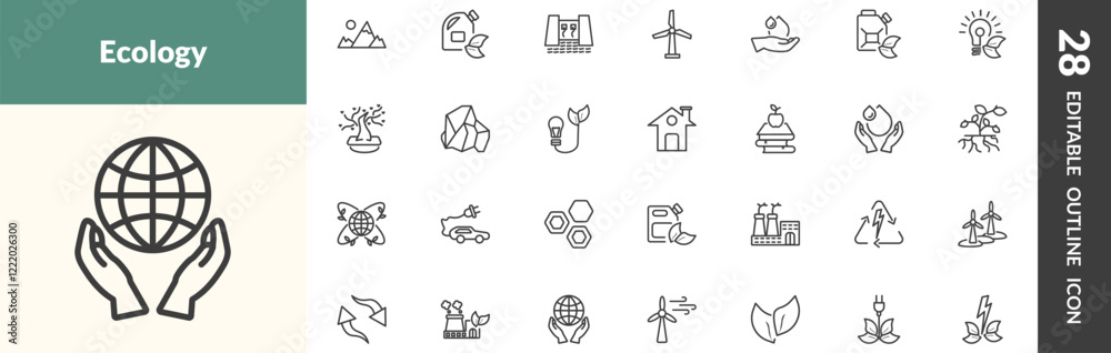 Fototapeta premium outline ecology icons set. editable linear snowy mountains, biodiesel, dam, and other 25 icons in this category isolated on transparent background.