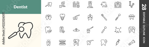 outline dental health icons set. editable linear dental care, dentist, dental appointment, and other 25 icons in this category isolated on transparent background.