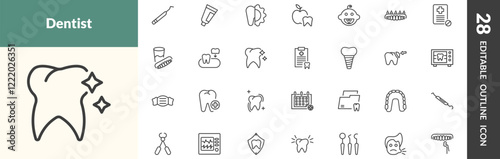 outline dental health icons set. editable linear periodontal scaler, toothpaste tube, apicoectomy, and other 25 icons in this category isolated on transparent background.