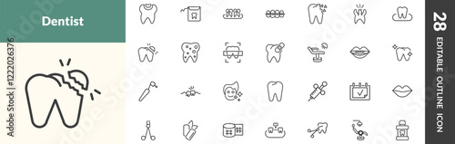 outline dental health icons set. editable linear dental filling, dental floss, plaque, and other 25 icons in this category isolated on transparent background.