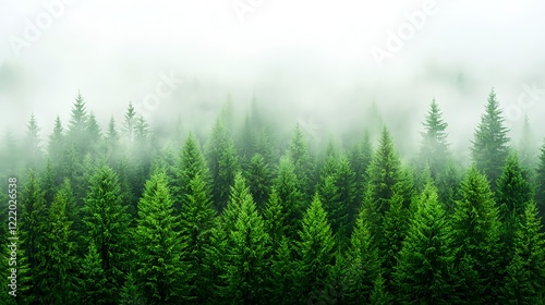Lush Green Evergreen Trees in Misty Enchanted Forest Landscape