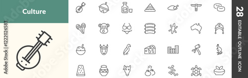 outline culture and civilization icons set. editable linear kora, sleigh bell, orujo, and other 25 icons in this category isolated on transparent background.