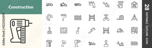 outline construction icons set. editable linear fuel truck, tank truck, truck with load, and other 25 icons in this category isolated on transparent background.