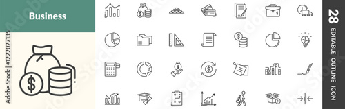 outline business icons set. editable linear bar diagram, finance, stack of gold, and other 25 icons in this category isolated on transparent background.