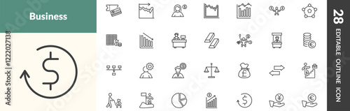 outline business and finance icons set. editable linear credit card and ticket, dual chart, woman with money, and other 25 icons in this category isolated on transparent background.