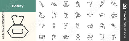 outline beauty and elegance icons set. editable linear curlers, flat iron, wipes, and other 25 icons in this category isolated on transparent background.