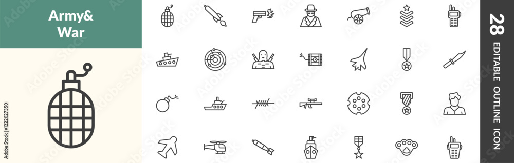 Obraz premium outline military and war and icons set. editable linear whizbang with rong, torpedo, gun shooting, and other 25 icons in this category isolated on transparent background.