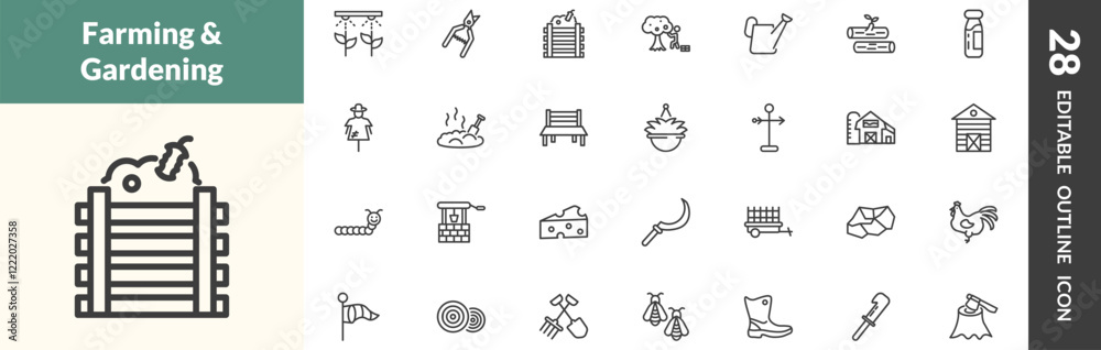 outline agriculture and farm icons set. editable linear irrigation, shears, composter, and other 25 icons in this category isolated on transparent background. outline agriculture and farm icons set. editable linear irrigation, shears, composter, and other 25 icons in this category isolated on transparent background.