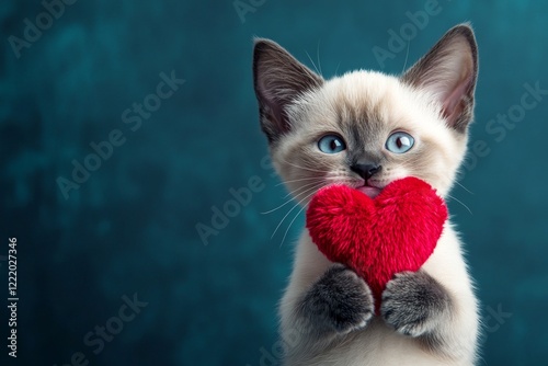 Commercial creative. Cute burmese baby feline with fluffy red heart - sign of love, funny greeting card. Burmese - my beloved cat. Romantic february 14. Romantic pet february. Adorable kitte. photo