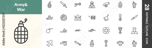 outline military and war and icons set. editable linear whizbang with rong, torpedo, gun shooting, and other 25 icons in this category isolated on transparent background.