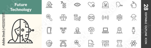 outline ai and future technology icons set. editable linear humanoid, data mining, smart lens, and other 25 icons in this category isolated on transparent background.