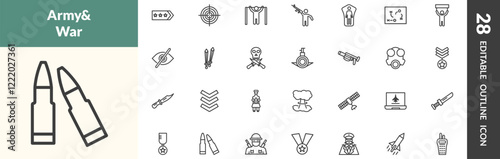 outline military and war and icons set. editable linear shoulder strap, target, pull up, and other 25 icons in this category isolated on transparent background.