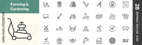 outline agriculture and farm icons set. editable linear mower, hay, hay roll, and other 25 icons in this category isolated on transparent background.