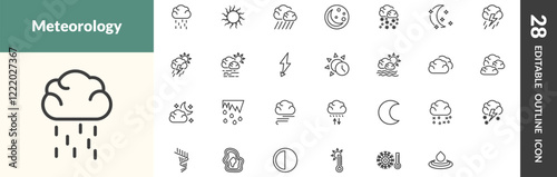 outline weather icons set. editable linear steady rain, sunshine, downpour, and other 25 icons in this category isolated on transparent background.