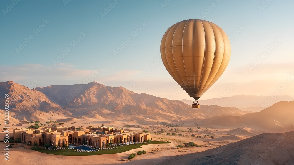 Stunning aerial view of a hot air balloon ride over a luxurious resort nestled in a picturesque desert oasis surrounded by majestic mountains and a breathtaking sunset sky Stunning aerial view of a hot air balloon ride over a luxurious resort nestled in a picturesque desert oasis surrounded by majestic mountains and a breathtaking sunset sky