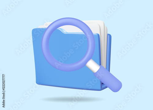 3D vector render illustration of blue document file icon and magnifying glass file search concept Data storage or document management system for business, computer technology, digital data