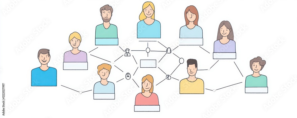 A diagram illustrating a network of diverse individuals, connected through lines, symbolizing relationships and communication. A diagram illustrating a network of diverse individuals, connected through lines, symbolizing relationships and communication.