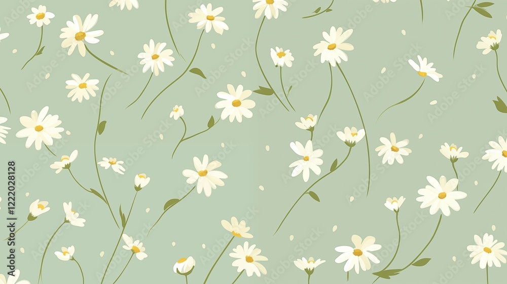 Soft green background adorned with seamless patterns of white daisies and delicate stems, creating a fresh spring aesthetic. Soft green background adorned with seamless patterns of white daisies and delicate stems, creating a fresh spring aesthetic.