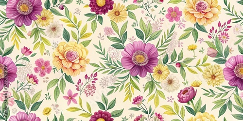 Vibrant Floral Pattern with Yellow and Purple Blooms, Lush Green Foliage, and Delicate White Flowers
