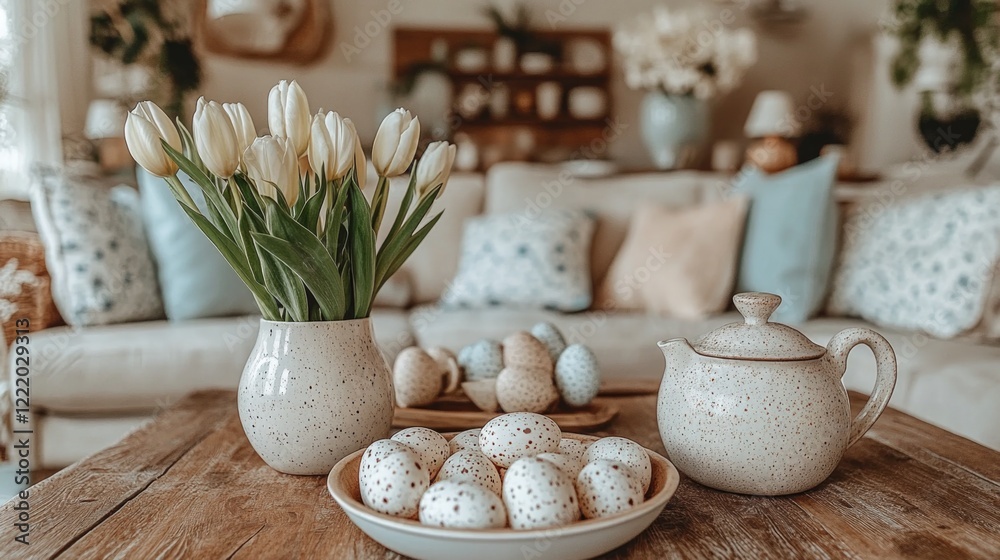 Cozy living room with tulips, speckled eggs, and teapot on wooden table. Easter, Pascha, Paskha, Ostern, Pascua, Paques - Orthodox and Catholic Holiday celebration Cozy living room with tulips, speckled eggs, and teapot on wooden table. Easter, Pascha, Paskha, Ostern, Pascua, Paques - Orthodox and Catholic Holiday celebration