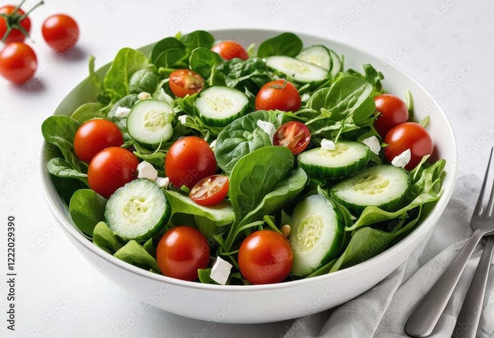 Refreshing Spinach Salad with Cherry Tomatoes, Cucumbers, and Feta Cheese in a Bowl Refreshing Spinach Salad with Cherry Tomatoes, Cucumbers, and Feta Cheese in a Bowl