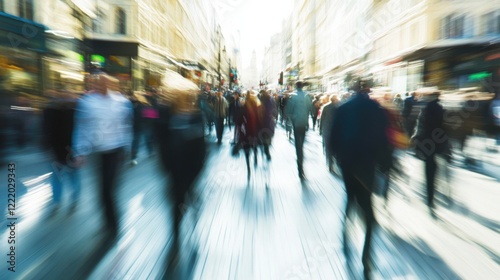 A bustling cityscape with commuters in motion blur, Urban commuting scene, Dynamic style