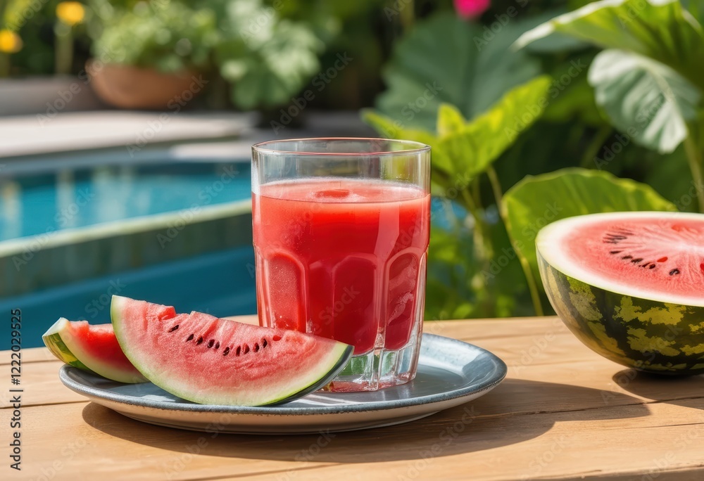 Refreshing Watermelon Juice Drink in Glass with Slices on Wooden Table by Pool Refreshing Watermelon Juice Drink in Glass with Slices on Wooden Table by Pool