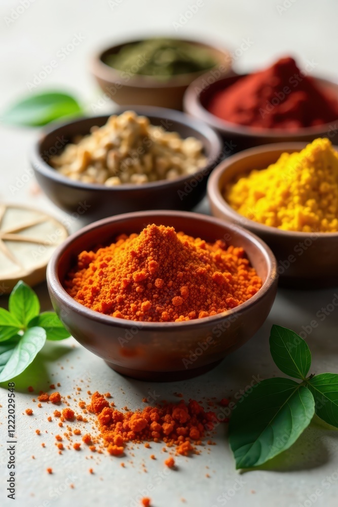 Assortment of dried herbs and spices in bowls, spice rack, pestle, aroma Assortment of dried herbs and spices in bowls, spice rack, pestle, aroma