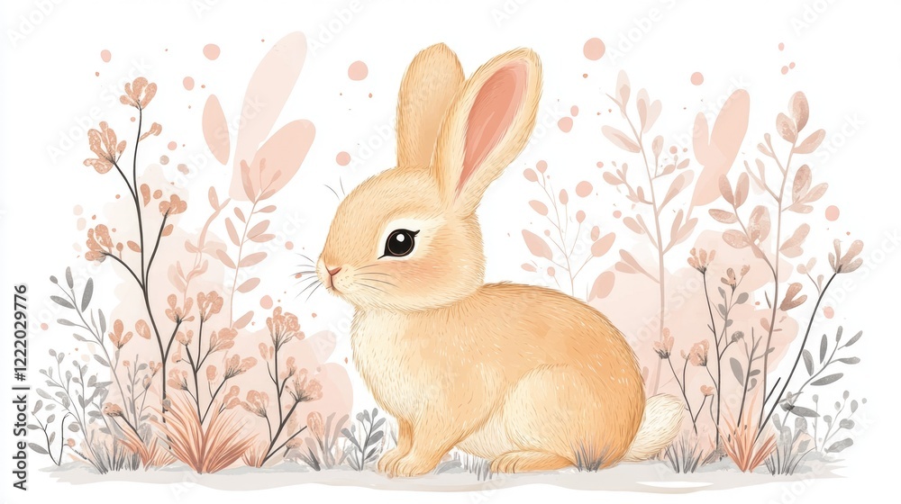 Obraz premium Adorable bunny in a pastel floral meadow with delicate blossoms. Easter, Pascha, Paskha, Ostern, Pascua, Paques - Orthodox and Catholic Holiday celebration