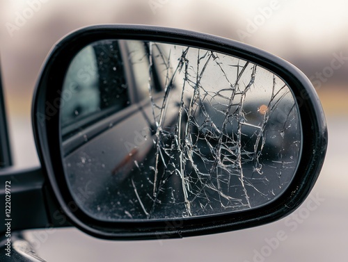 A cracked side mirror reflects a blurred background, showcasing rain droplets and a web-like pattern, suggesting wear and potential damage. photo