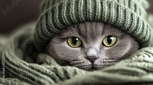 Adorable gray cat in green knit hat and scarf with bright green eyes