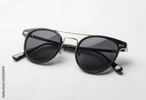Stylish Black Round Sunglasses with Gold Accents on White Background