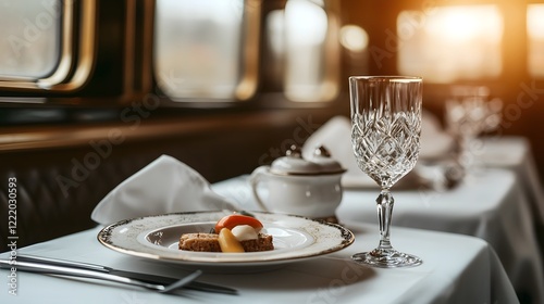 Vintage luxury train dining car with gourmet dishes and sparkling crystal glassware evoking a sense of nostalgic elegance and refined sophistication