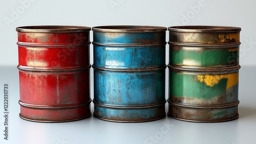 Stack of Rustic Metal Barrels with Peeling Paint