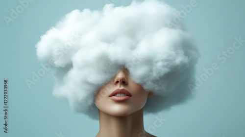 Creative concept of woman with cloud on her head