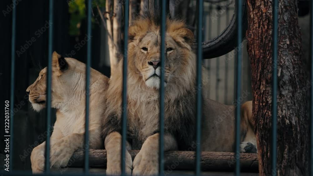 Lion and lioness relax in their zoo enclosure. The majestic animals lie down, resting on a wooden beam behind the bars. They gaze calmly at the visitors passing by.