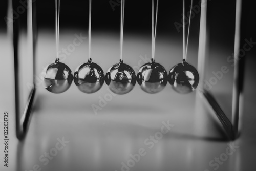 close-up of metal newton pendulum balls alignment joint effort teamwork physics momentum leadership concept business science graphic element