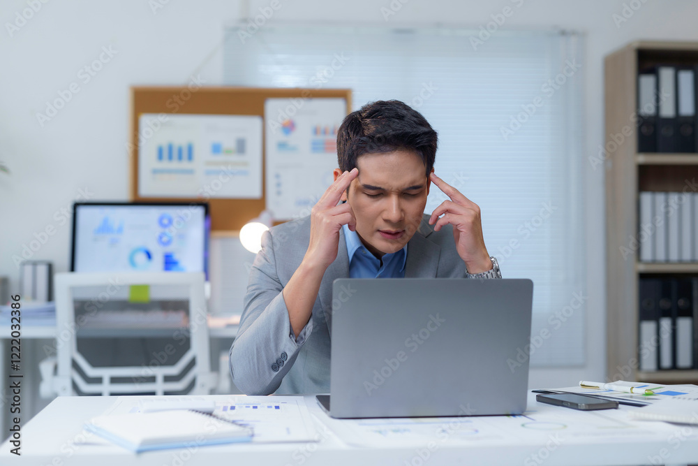 Stressed Asian businessman having headache while working on laptop in office Stressed Asian businessman having headache while working on laptop in office