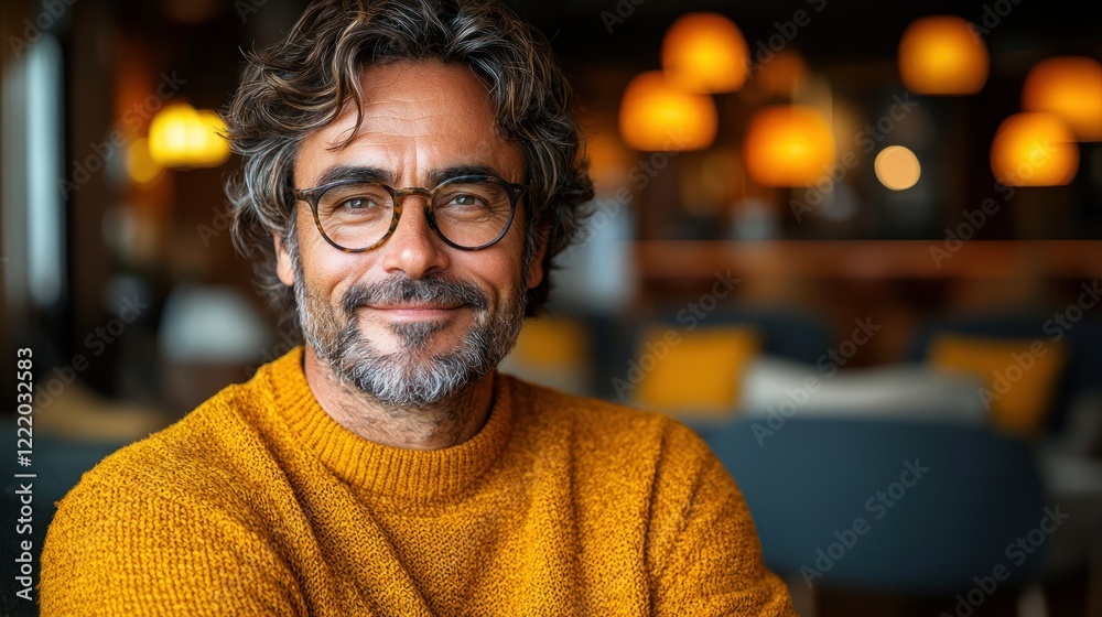 Portrait of a Smiling Middle-Aged Man with Glasses in a Cozy Setting Portrait of a Smiling Middle-Aged Man with Glasses in a Cozy Setting