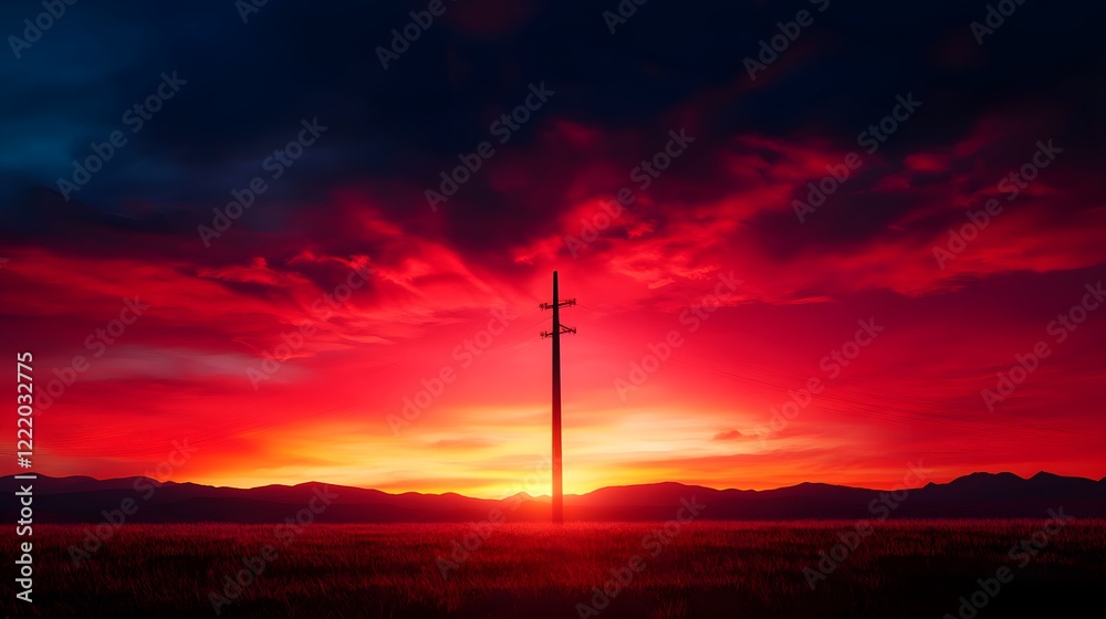 Obraz premium Silhouetted Power Pole Against Vibrant Sunset Sky with Clouds