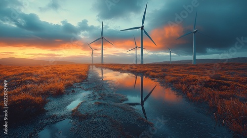 Sunset over Wind Turbines in a Scottish Moorland