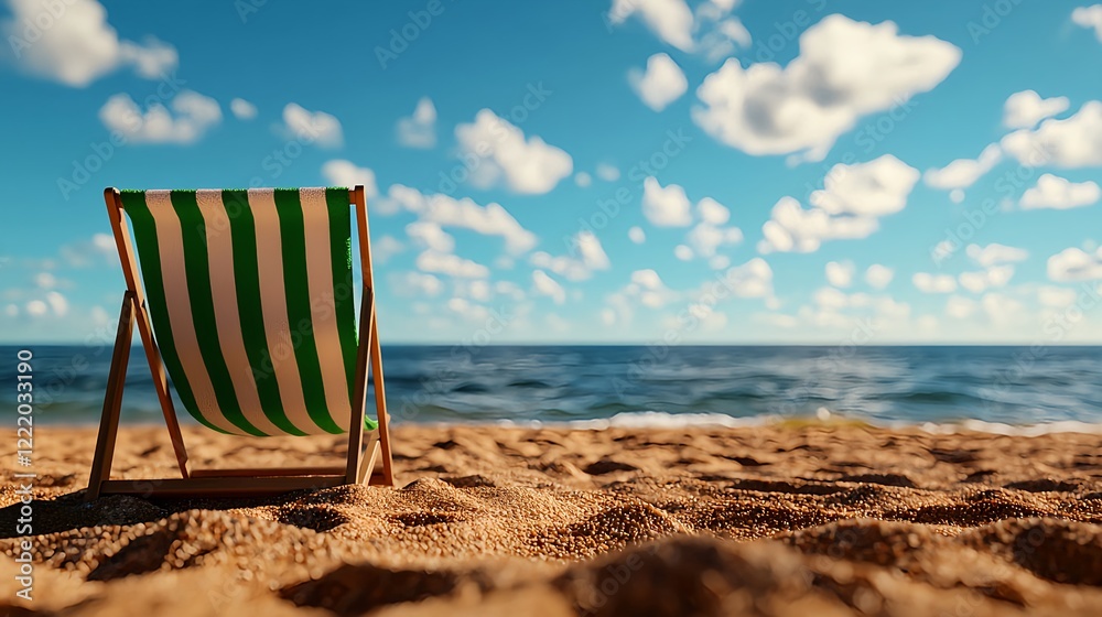 Relaxing Beach Scene with Deck Chair on Sandy Shoreline Relaxing Beach Scene with Deck Chair on Sandy Shoreline