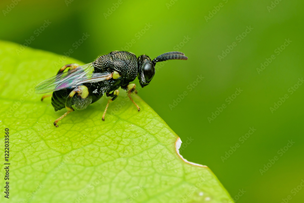 Tiny parasitic wasp exploring a vibrant green leaf Tiny parasitic wasp exploring a vibrant green leaf
