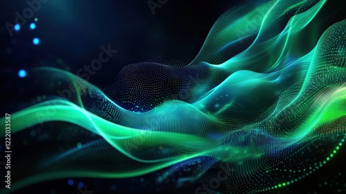 A digital interface-like background with dynamic green and black patterns, representing a high-tech theme