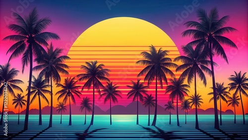 Retro Sunset Beach Scene with Silhouetted Palm Trees