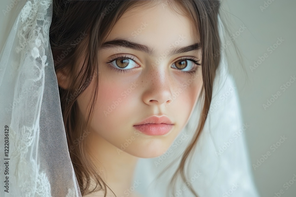 Serene Beauty: Young Woman with Long Hair in a White Veil Serene Beauty: Young Woman with Long Hair in a White Veil