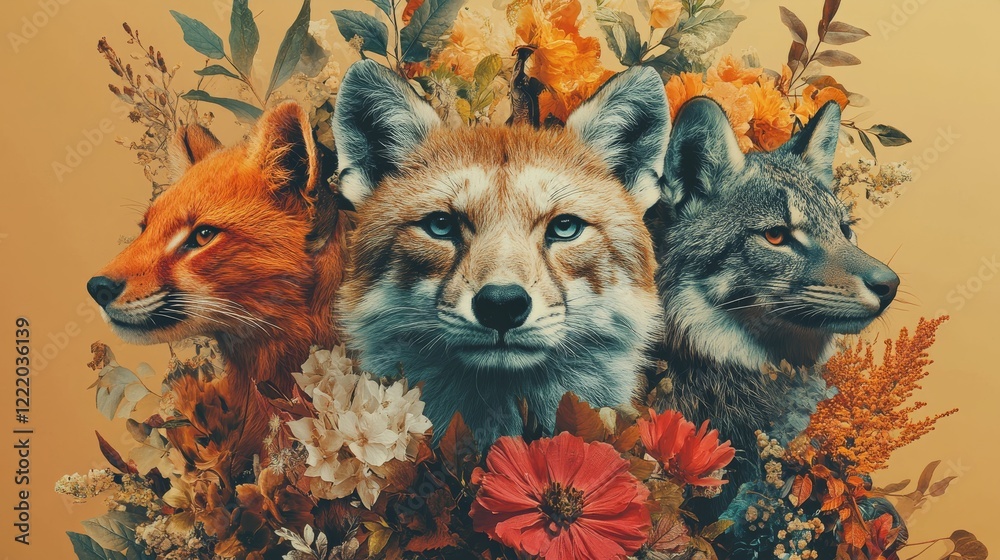 Fototapeta premium Three foxes adorned with autumn leaves and flowers displaying their diverse colors and charm