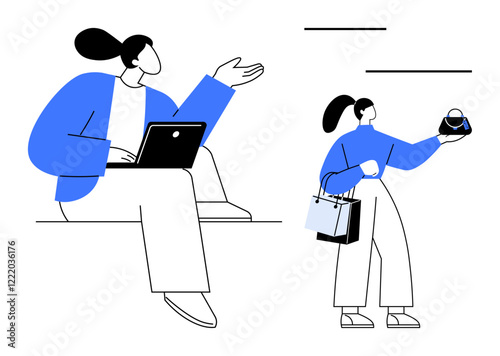 A woman seated with a laptop gestures while another holds shopping bags and a purse. Ideal for work-life balance, multitasking, e-commerce, remote work, productivity, modern lifestyle, time