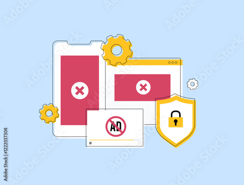 Ad blocking illustration - mobile and web screens, security shield and crossed ads, highlighting privacy protection, pop-up removal, ad-free browsing, online safety and user experience enhancement