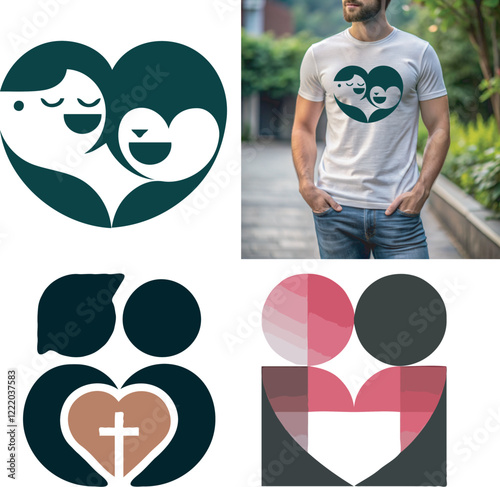 A collection of modern and abstract icons of couples with heart motifs including a faith symbol